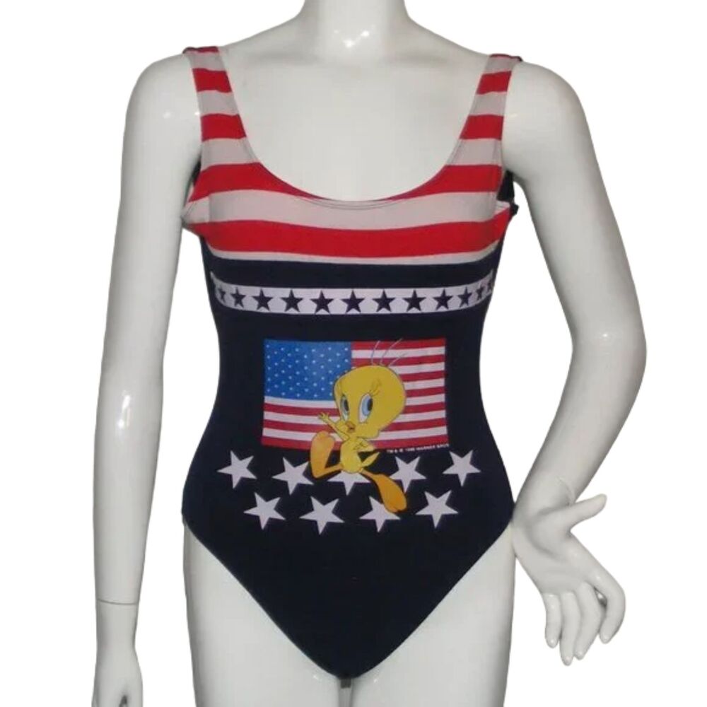 Vintage Looney Tunes Tweety Bird Leotard, 7/8, COTTON, Blue Flag/Stars/Stripes